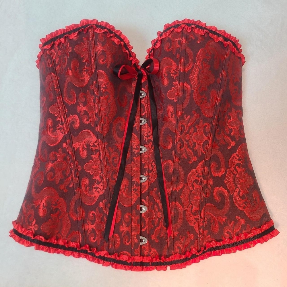 Red and Black Corset Top with lace up back and ribbon tie front